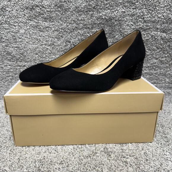 Michael Kors Arabella Kitten Pumps Sz 7 Black Suede Block Heels Minimalist Chic - Picture 1 of 11